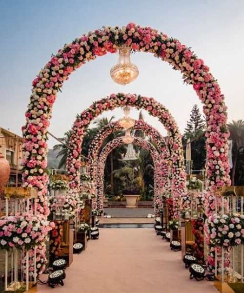 Pink Rose Arches with Chandeliers
