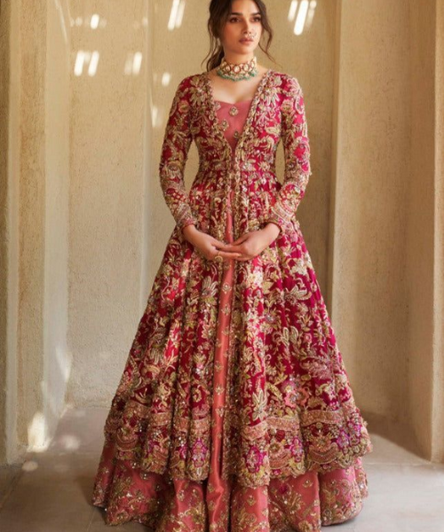 Rose-Pink Velvet Gown with Regal Zari