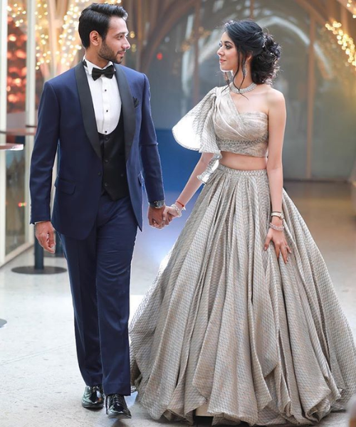 Silver Grey One-Shoulder Modern Lehenga