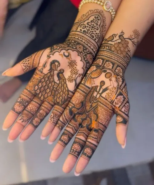 Traditional Hand Mehndi with Royal Couple and Peacock Motifs